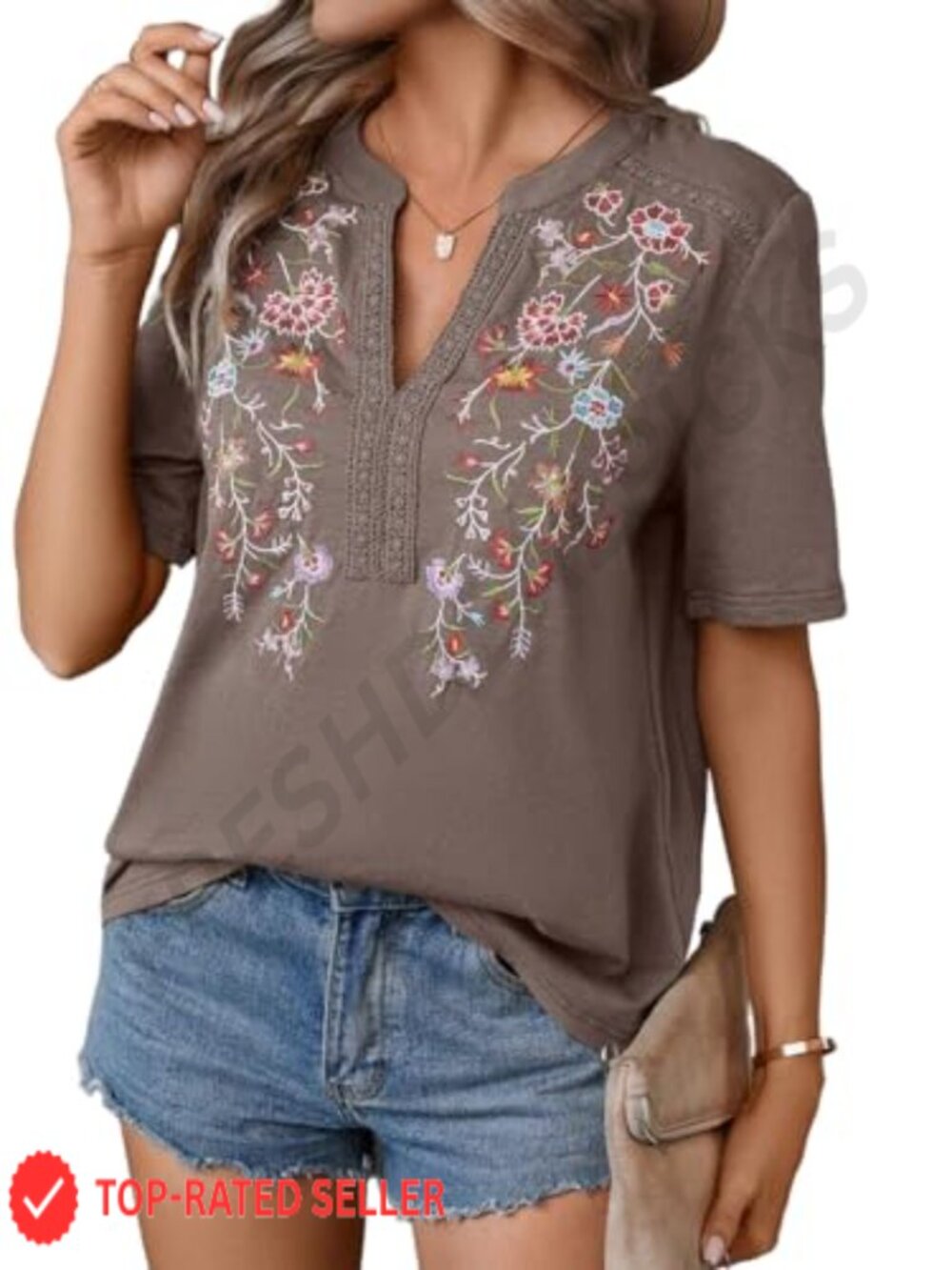 Women's Embroidered Mexican Tunic Top V-Neck Short Sleeve Summer Blouse